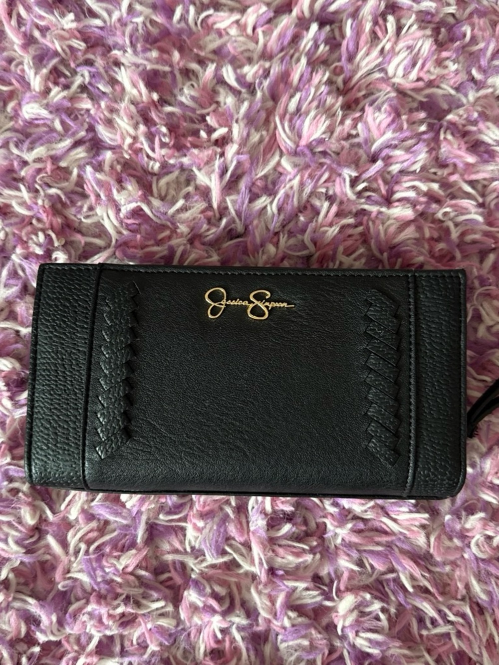 Jessica Simpson Black Faux Leather Zip-Around Wallet with Gold Logo